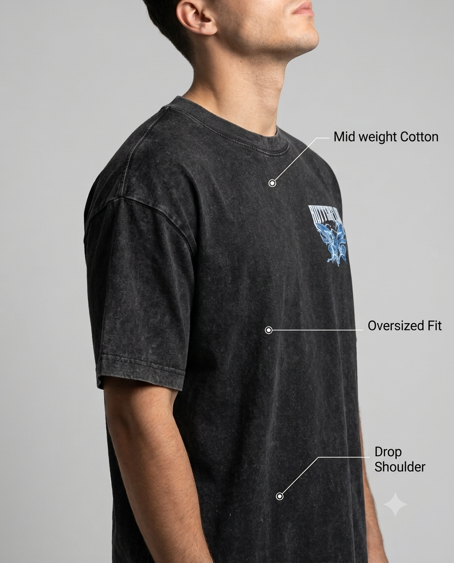 Men's Acid Wash Oversized Tee – Blue Butterflay Graphic Front & Back