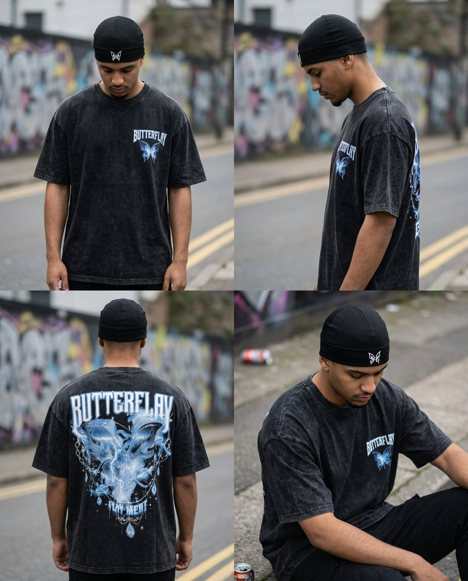 Men's Oversized Acid Wash Blue BUTTERFLAY Tee