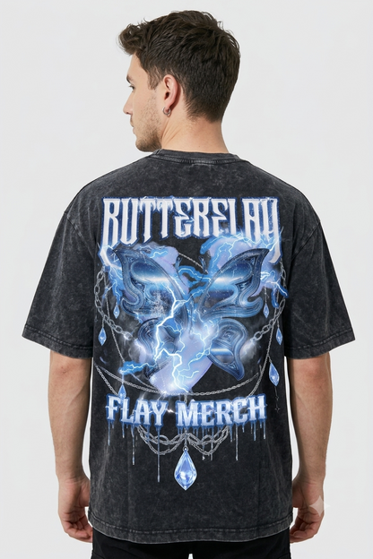 Men's Acid Wash Oversized Tee – Blue Butterflay Graphic Front & Back