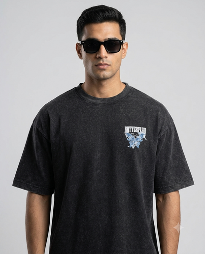Men's Acid Wash Oversized Tee – Blue Butterflay Graphic Front & Back